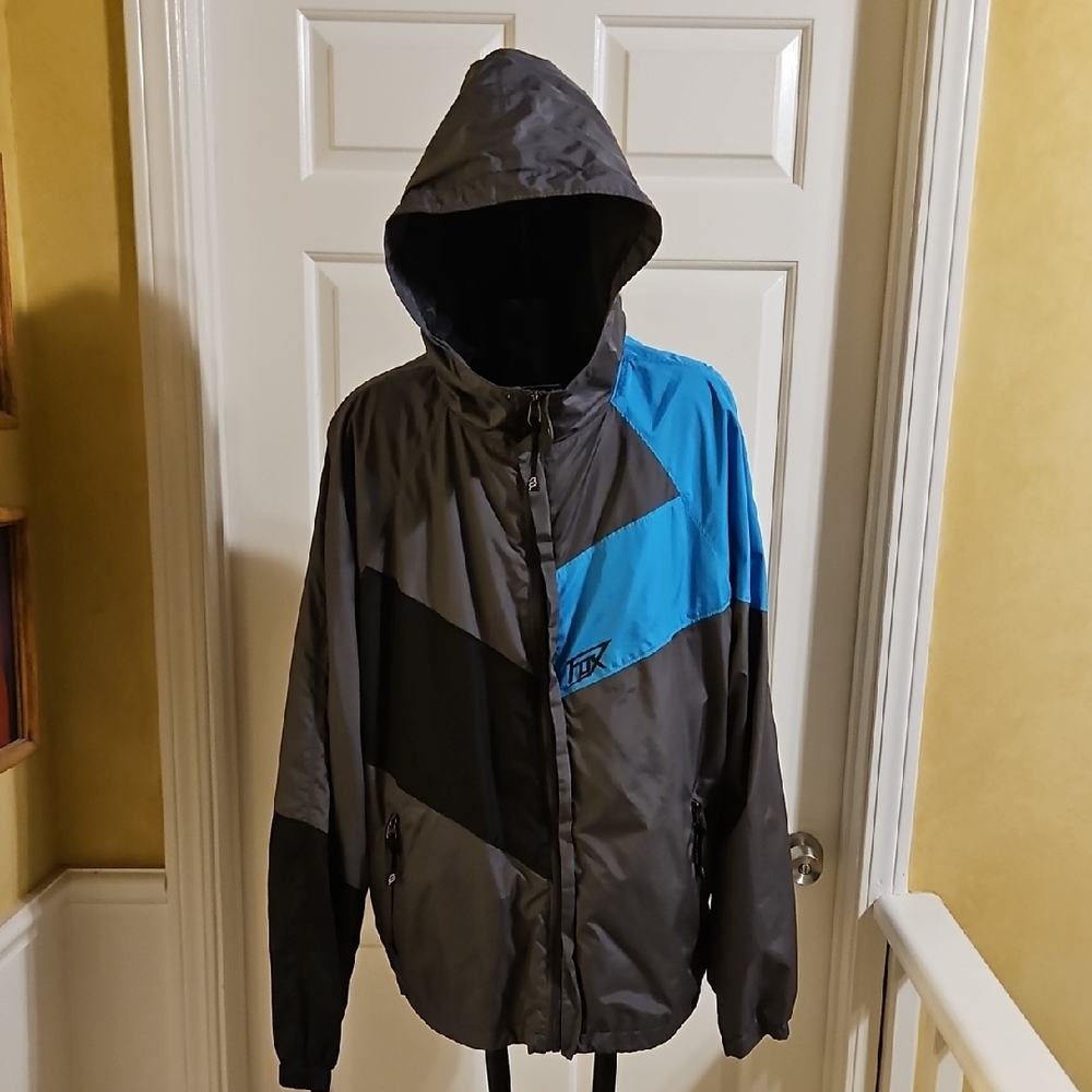 FOX RACING Men's Gray and Blue Windbreaker Jacket Coat w/ Hood -